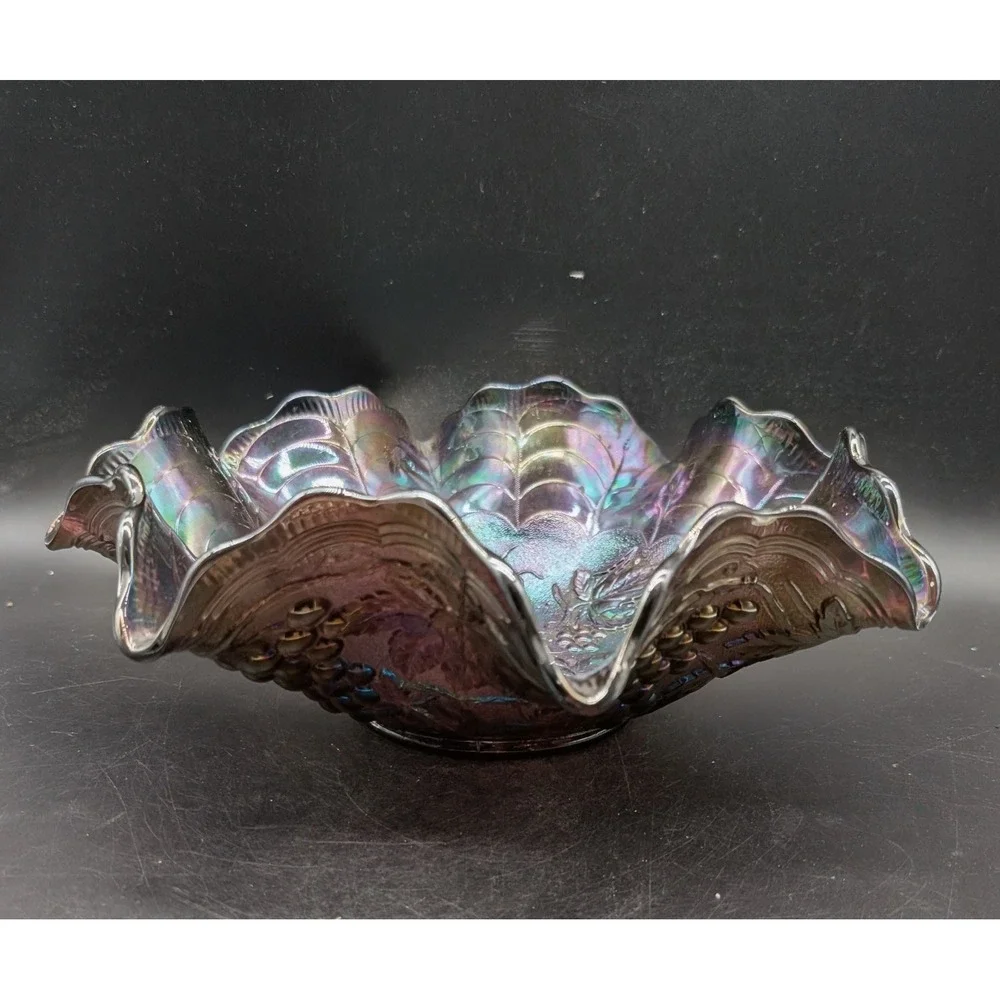 Imperial Amethyst Carnival Glass Grape and Cable Ruffled Bowl Iridescent Purple
